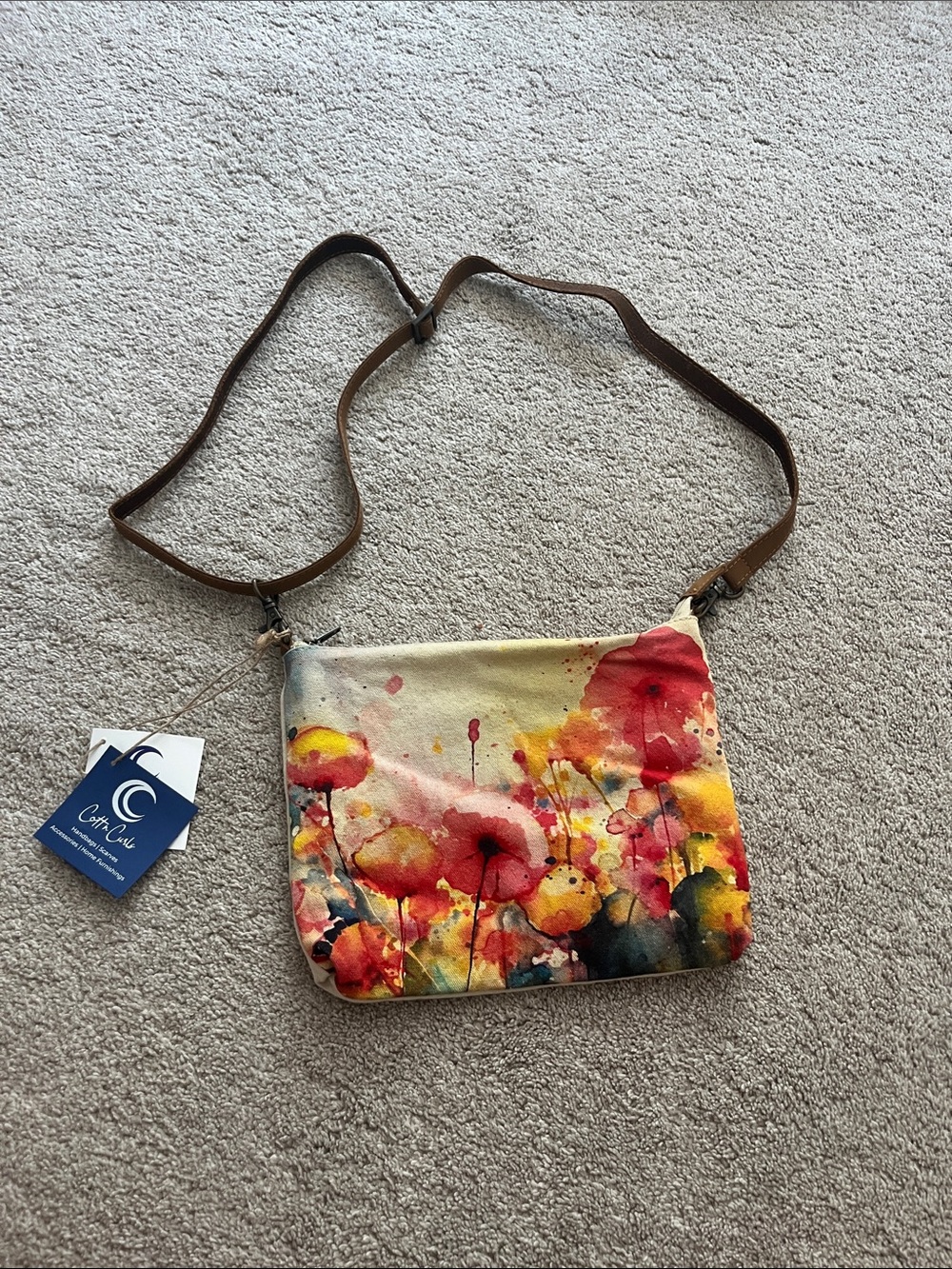Canvas Floral Watercolor Crossbody Bag with Brown Strap by Cathy Cox